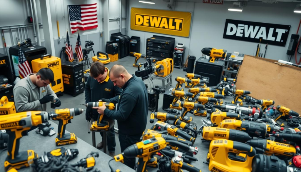 A well-lit, high-angle view of a modern DEWALT tool workshop, showcasing the company's commitment to quality control. In the foreground, a team of skilled technicians meticulously inspecting a range of DEWALT power tools, each undergoing rigorous testing and quality checks. The middle ground features a collection of DEWALT tools, including drills, saws, and sanders, all arranged in an orderly fashion, conveying a sense of precision and attention to detail. The background shows the DEWALT logo prominently displayed, along with American flags, emphasizing the brand's proud Made in USA heritage. The overall scene exudes a professional, industrial atmosphere, highlighting DEWALT's dedication to producing high-quality, durable tools for the American workforce.