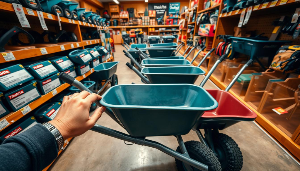 A well-lit, high-angle view of a person carefully examining and comparing different Makita wheelbarrow models in a hardware store aisle. The foreground shows the person's hands inspecting the wheelbarrow's sturdy metal frame, thick tires, and ergonomic handles. The middle ground reveals an array of Makita wheelbarrows in various sizes and colors, neatly arranged on shelves. The background depicts the warm, inviting ambiance of the hardware store, with wooden accents and shelves stocked with home improvement tools and supplies. The overall scene conveys a sense of thoughtful consideration and confidence in selecting the right Makita wheelbarrow for one's needs.