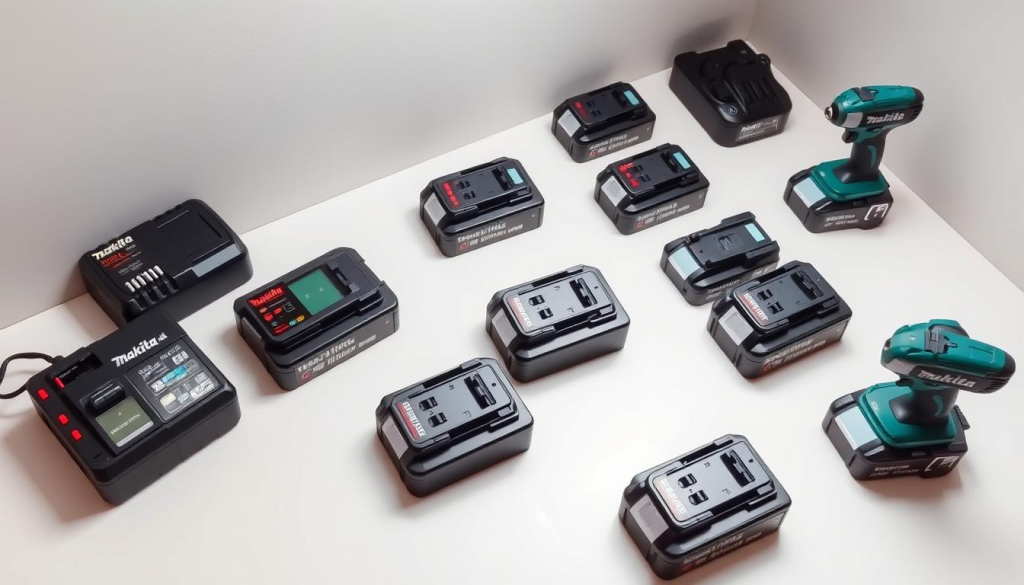 A well-lit, high-angle view of an assortment of Makita 40V battery packs arranged on a clean, minimalist surface, showcasing their different capacities and designs. The batteries are presented against a neutral background, allowing their distinctive green and black color scheme to stand out. The image should convey a sense of quality, reliability, and the various purchasing options available for Makita 40V power tool users, reflecting the informative nature of the article section.