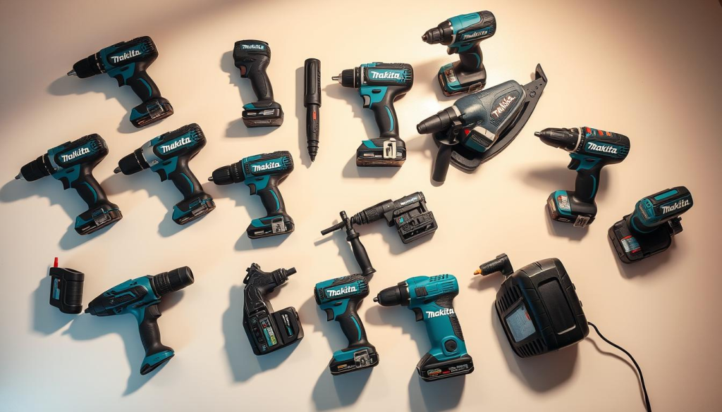 A well-lit, high-angle view of an assortment of Makita cordless power tools, including a variety of drills, impact drivers, and rotary hammers, arranged on a clean, minimalist surface. The tools should be depicted with a sense of precision and attention to detail, showcasing their sleek, modern design and high-quality construction. The overall scene should convey a sense of professionalism and reliability, reflecting the reputation of the Makita brand. Subtle shadows and reflections should add depth and dimension to the image, while a warm, neutral color palette and soft lighting create a welcoming and inviting atmosphere.