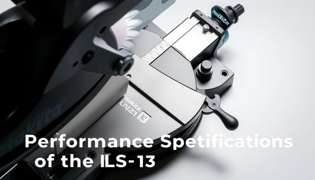A well-lit, high-angle view of the Makita LS1013 miter saw, showcasing its robust and precise construction. The saw's body is rendered in matte black and silver tones, with the blade guard, bevel adjustment knob, and miter scale clearly visible. The saw is placed on a clean, neutral background, allowing the technical details to take center stage. Soft shadows and highlights accentuate the saw's form, emphasizing its sturdy and reliable design. The image conveys a sense of professionalism and attention to detail, perfectly suited to illustrate the "Performance Specifications of the LS1013" section of the article.