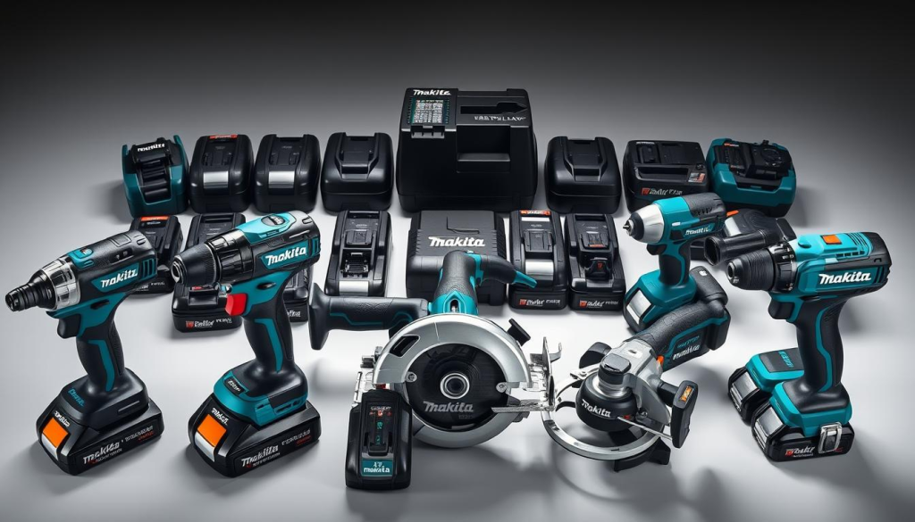A well-lit, high-angle view showcasing an assortment of Makita's premium 18V brushless power tools. In the foreground, a cordless impact driver, circular saw, and reciprocating saw stand prominently, their sleek black and teal bodies gleaming under studio lighting. In the middle ground, a cordless drill and angle grinder flank the central tools, while in the background, a collection of Makita's signature battery packs and chargers form a cohesive, professional display. The overall composition conveys the power, versatility, and advanced brushless technology that defines Makita's 18V lineup, perfect for both home DIY and demanding workshop applications.