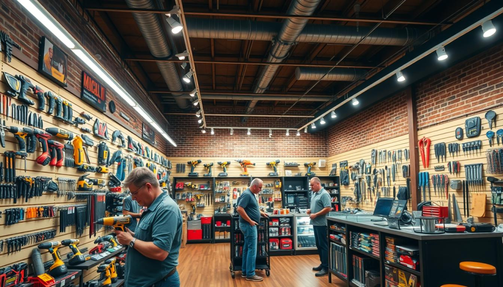 A well-lit, high-ceilinged specialty tool store, with rows of neatly organized shelves displaying an array of power tools, hand tools, and equipment. The store's interior has a warm, industrial ambiance, with exposed brick walls and hardwood floors. Bright track lighting illuminates the space, casting a soft glow on the merchandise. In the foreground, a customer examines a cordless drill, while in the middle ground, a salesperson assists another customer. The background features a glass-enclosed checkout counter and a display of various tool kits and accessories.