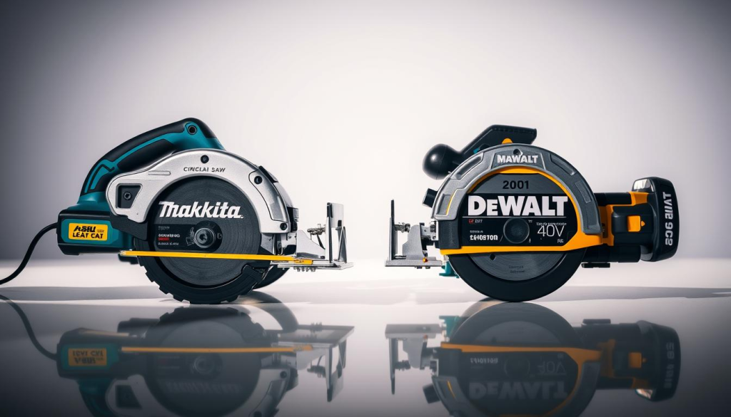 A well-lit, high-contrast product shot of two cordless circular saws placed side-by-side on a clean, reflective surface. The saws are the Makita 40V model and the DeWalt 20V model, prominently displayed with their distinctive branding and designs. The foreground focuses sharply on the saws, while the background is softly blurred, emphasizing the technical details and materials. The lighting is dramatic, with shadows accentuating the forms. The overall composition is balanced, allowing easy visual comparison between the two power tools.