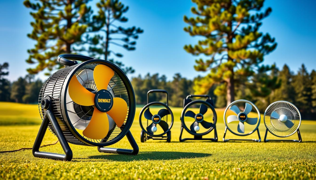 A well-lit, high-definition comparison of a DEWALT golf cart fan against competing models, showcased on a pristine golf course. The DEWALT fan prominently displayed in the foreground, its sleek black and yellow design gleaming under warm, directional lighting. In the middle ground, other fans from top brands positioned side-by-side, highlighting key features and size differences. The background features a lush, verdant fairway, with towering pine trees and a clear blue sky, creating a serene, high-end atmosphere. The composition emphasizes the DEWALT fan's premium quality and performance, inviting the viewer to envision it cooling them on the course.