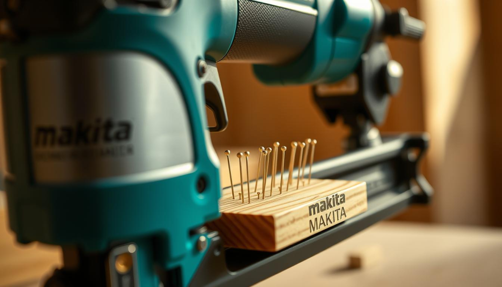 A well-lit, high-detail close-up shot of a Makita pin nailer in action, capturing its precision and power. The foreground showcases the tool's sleek, ergonomic design with a brushed metal finish. In the middle ground, a series of expertly driven pins seamlessly joins two pieces of wood, demonstrating the nailer's impressive performance. The background softly blurs, keeping the focus on the tool's flawless operation. Warm, natural lighting casts subtle shadows, highlighting the nailer's mechanical components and the smooth, efficient workflow. The overall mood conveys the Makita's reliability, durability, and ability to deliver consistent, professional-grade results.