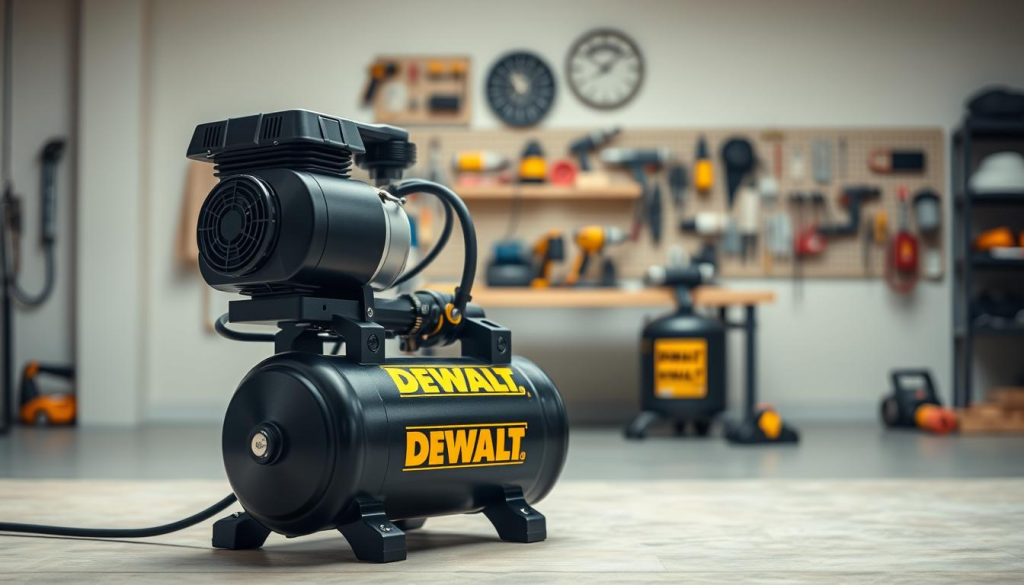 A well-lit, high-quality DEWALT air compressor prominently displayed in the foreground, showcasing its robust and durable construction. In the middle ground, a clean, uncluttered workshop setting with various power tools and accessories, highlighting the compressor's versatility. The background features a soft, neutral color palette that complements the professional, industrial aesthetic. The overall scene conveys a sense of reliability, efficiency, and attention to detail - key attributes that embody the quality of DEWALT air compressors.