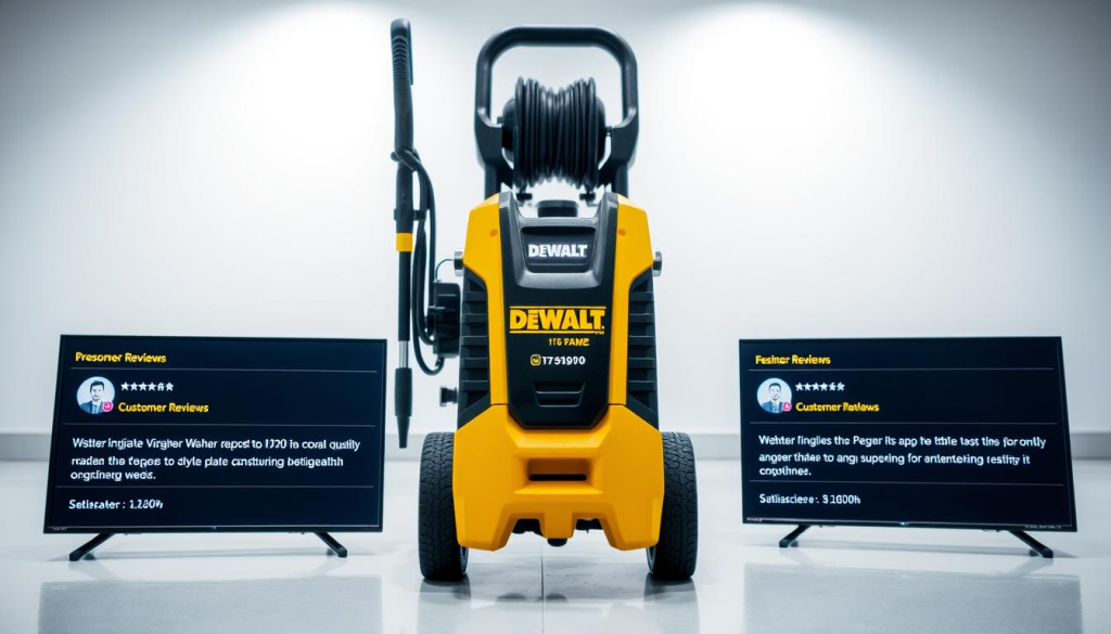 A well-lit, high-quality DEWALT pressure washer unit, showcased in a clean, modern setting. The pressure washer is prominently displayed, with its sturdy construction and sleek design highlighted. In the foreground, customer reviews and satisfaction ratings are displayed on digital screens, reflecting the overwhelmingly positive feedback from users. The background features a minimalist, white-walled environment, emphasizing the product's clean and professional appearance. The overall mood is one of confidence, quality, and customer trust in the DEWALT brand.