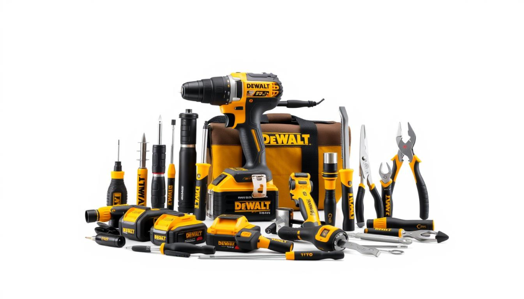 A well-lit, high-quality DEWALT tool set, showcased against a clean, minimalist background. The tools are arranged in an organized, symmetrical layout, highlighting their precision and durability. The set includes a powerful cordless drill, a selection of screwdrivers, pliers, and other essential hand tools, all bearing the iconic DEWALT branding. The lighting accentuates the sleek, metallic finish of the tools, conveying a sense of professional-grade quality and reliability. The overall composition emphasizes the versatility and capabilities of the DEWALT 870 tool set, reflecting its position as a versatile powerhouse for a variety of projects.