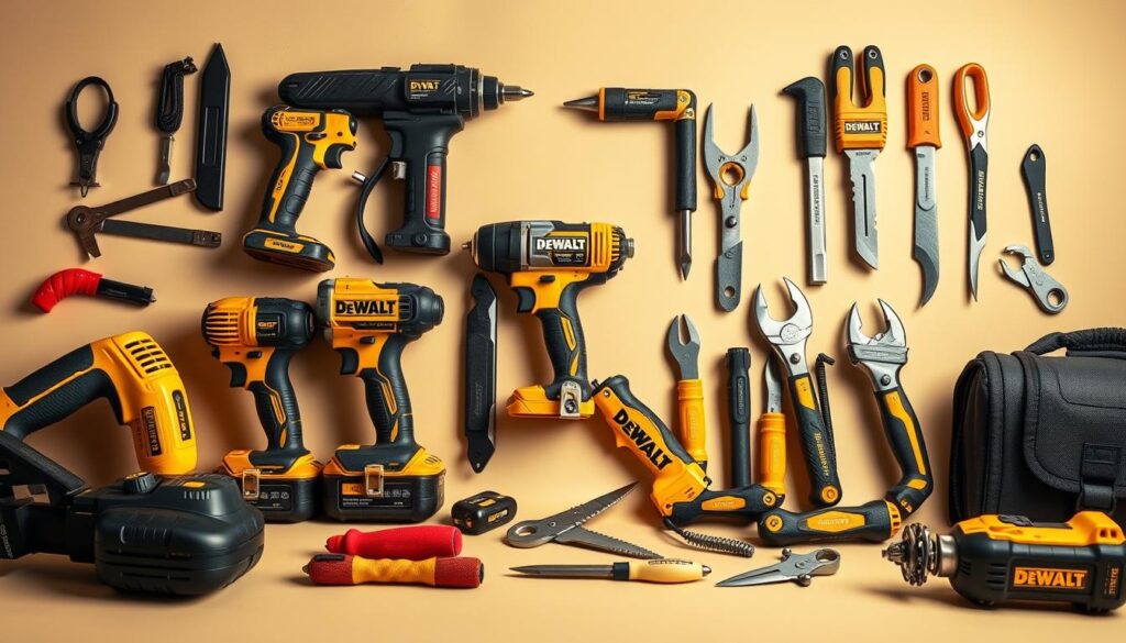 A well-lit, high-quality close-up image of a selection of DeWalt power tools and hand tools neatly arranged on a clean, neutral-colored background. The tools should be depicted with a sense of American manufacturing pride, emphasizing their solid construction, premium materials, and attention to detail. The overall composition should have a sense of balance and harmony, highlighting the variety and versatility of DeWalt's USA-made product line. Lighting should be warm and natural, with subtle shadows and highlights accentuating the tools' surfaces and textures. The image should convey a sense of quality, durability, and craftsmanship that is emblematic of the DeWalt brand and its American heritage.