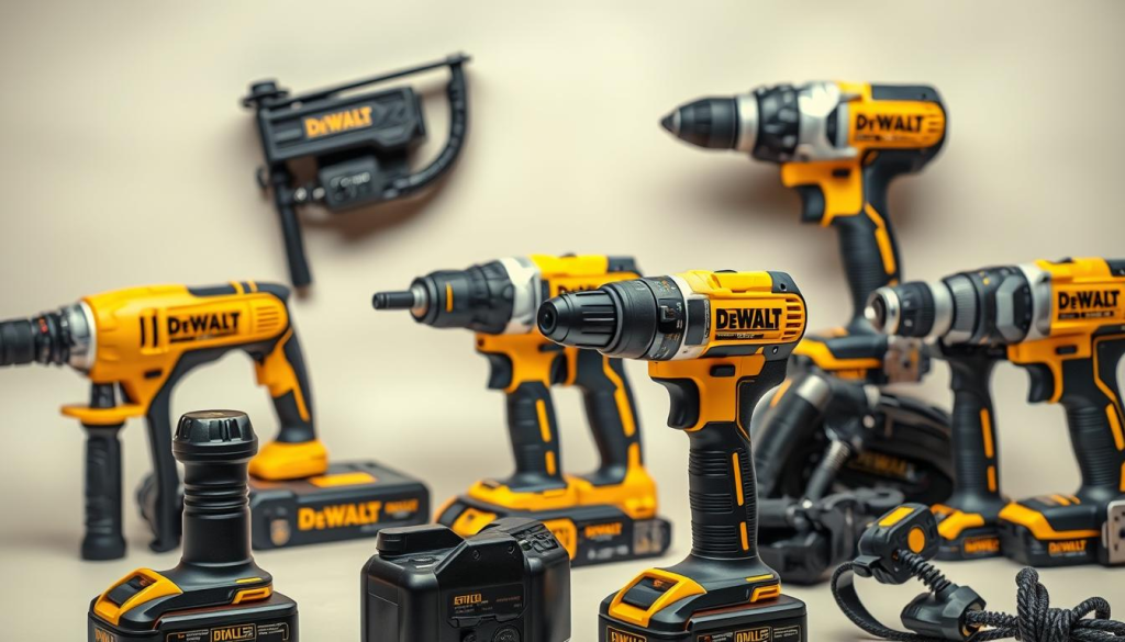 A well-lit, high-quality close-up image of a variety of Dewalt power tools displayed on a clean, neutral background. The tools are arranged in an aesthetically pleasing composition, showcasing their design, build quality, and features. The lighting is soft and diffused, highlighting the textures and details of the tools. The image has a professional, product-focused tone, conveying the reliability and performance of Dewalt tools. The overall mood is one of confidence and trust in the Dewalt brand.