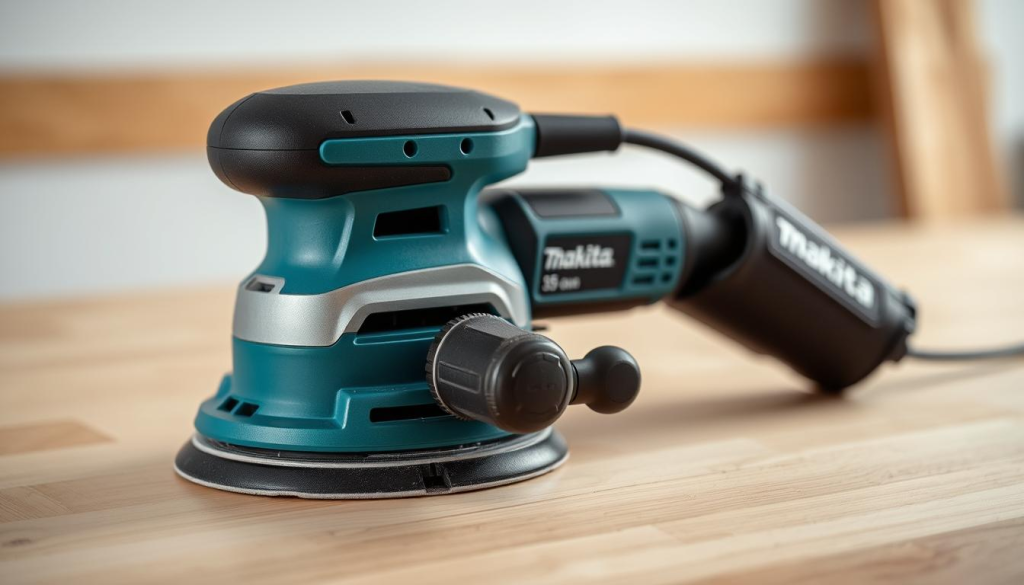 A well-lit, high-quality close-up of a Makita orbital sander, showcasing its key features. The sander is positioned on a smooth, wooden surface, highlighting its ergonomic design and sturdy construction. The foreground focuses on the sander's powerful motor, variable speed control, and efficient dust collection system. The middle ground reveals the sander's precision-engineered base plate, allowing for smooth, even sanding. The background softly blurs, creating a sense of focus on the sander's capabilities. The overall scene conveys the Makita sander's reliability, versatility, and the benefits it offers for woodworking projects.