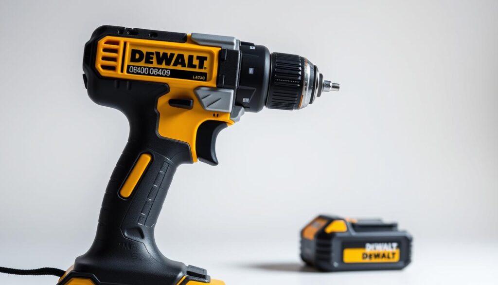 A well-lit, high-quality close-up of the Dewalt 08409 cordless drill, showcasing its key features. The drill is displayed against a clean, minimalist background, with soft, diffused lighting that accentuates its sleek, modern design. The image captures the ergonomic grip, the powerful motor, the adjustable torque settings, and the convenient LED work light, highlighting the drill's ease of use and versatility for home projects. The composition emphasizes the drill's functionality and user-friendly controls, conveying a sense of effortless performance and confidence in the tool's capabilities.