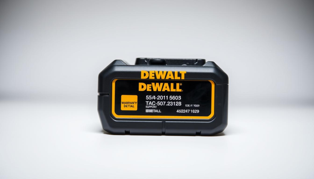A well-lit, high-quality close-up photograph of a DEWALT battery with its warranty information and support contact details prominently displayed. The battery is set against a clean, neutral background, allowing the details to be the focal point. The image has a professional, technical feel, with a shallow depth of field that keeps the battery in sharp focus. The lighting is balanced, with soft, even illumination that highlights the branding and warranty text. The overall composition and styling convey the reliability and customer support associated with DEWALT's battery products.