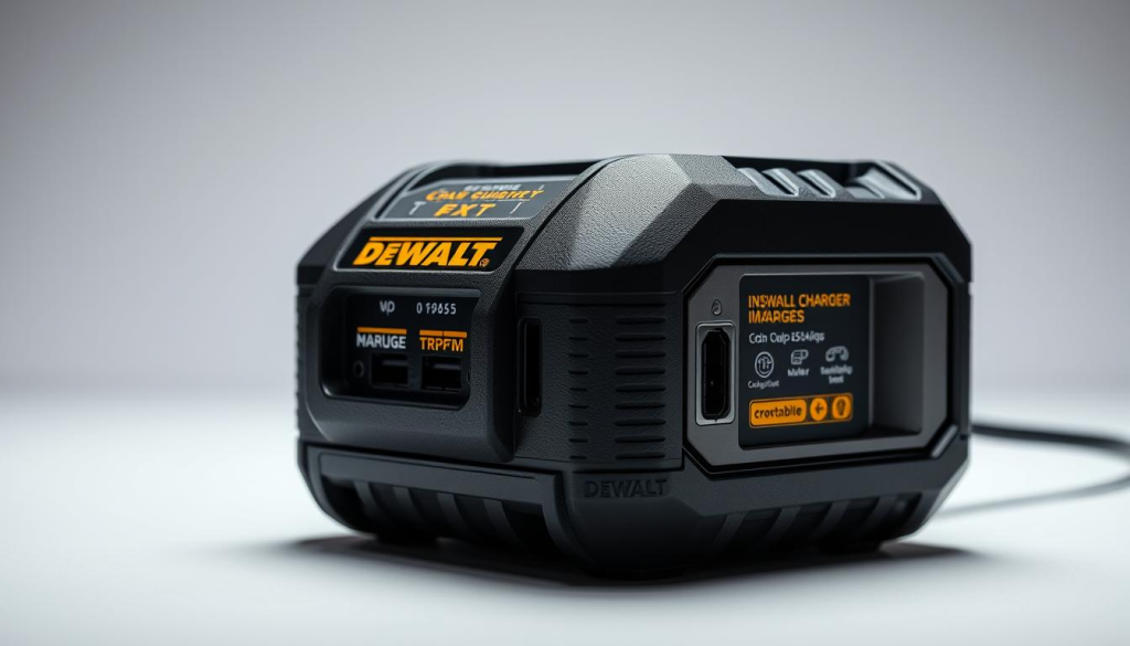 A well-lit, high-quality close-up photograph of a DEWALT charger, showcasing its various features. The charger is positioned in the center of the frame, with a clean, uncluttered background. The image captures the charger's sturdy, durable construction, including its heavy-duty metal housing, robust charging ports, and intuitive control panel. The lighting is bright and directional, highlighting the charger's sleek, modern design and the clarity of its components. The overall composition emphasizes the charger's key features, such as its multiple charging slots, compatibility indicators, and safety features, conveying its functionality and versatility.