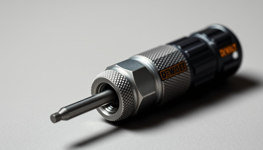 A well-lit, high-quality close-up photograph of a DeWalt nut driver. The nut driver is centered in the frame, showcasing its sturdy metal construction and precise knurled grip. The lighting is soft and diffused, highlighting the tool's sleek, professional design. The background is a clean, neutral surface, allowing the nut driver to be the focal point. The image is shot at a slight angle, giving the viewer a clear view of the tool's key features and dimensions. The overall mood is one of quality, precision, and the confidence that comes from using a reliable, high-performance tool.