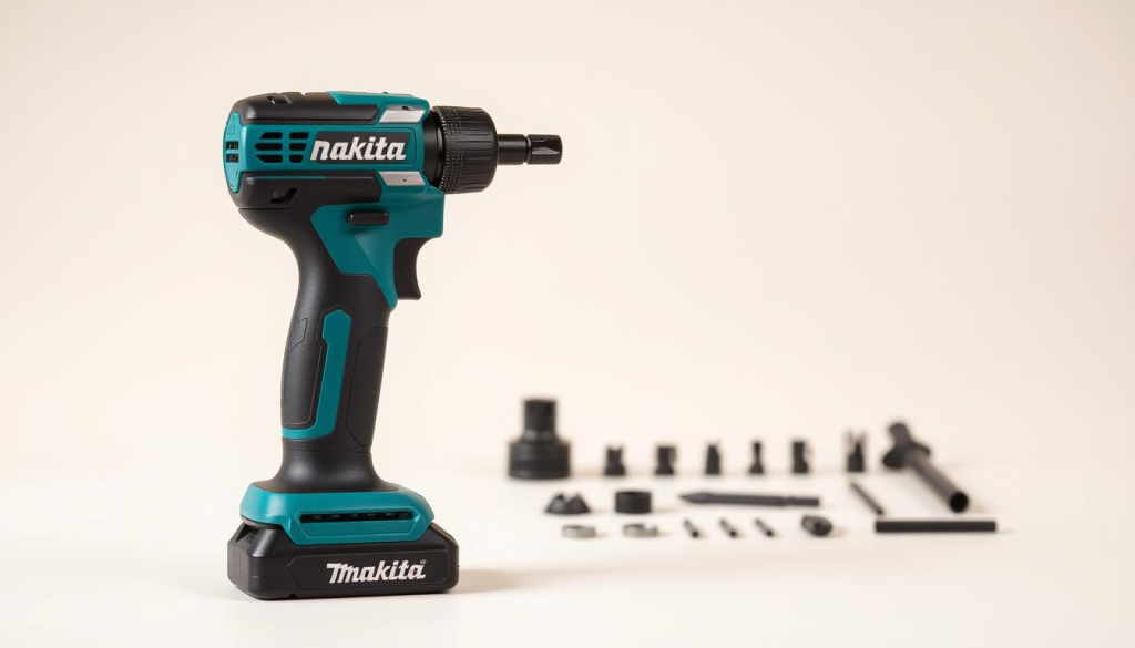 A well-lit, high-quality, close-up photograph of a Makita cordless ratchet set against a plain, neutral-colored background. The ratchet is shown in the foreground, highlighting its robust construction, ergonomic design, and signature Makita branding. The middle ground features the various attachments and accessories that come with the ratchet, showcasing its versatility. The background is softly blurred, keeping the focus on the ratchet and its features. The overall image conveys a sense of quality, reliability, and the practical benefits of using a Makita ratchet for home repairs and maintenance tasks.