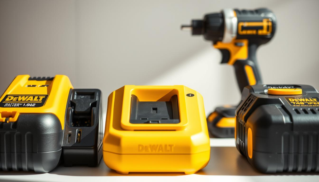 A well-lit, high-quality close-up photograph of several DeWalt battery chargers displayed side-by-side on a clean, uncluttered surface. The chargers are meticulously detailed, showcasing their sleek designs and various ports and features. The lighting is natural and diffused, creating soft shadows that accentuate the chargers' textures and materials. The background is a neutral, out-of-focus setting, allowing the chargers to be the sole focus of the image. The overall composition is balanced and aesthetically pleasing, capturing the essence of customer reviews and experiences with these DeWalt products.