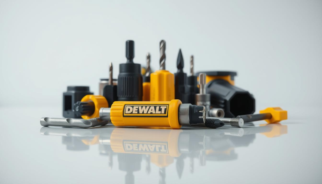 A well-lit, high-quality closeup photograph of an assortment of DEWALT drill accessories, including a quick-release bit holder, drill bits, and related components. The accessories are neatly arranged on a clean, reflective surface, with a plain, neutral background that allows the products to be the focal point. The lighting is soft and diffused, creating a crisp, detailed view that showcases the materials, textures, and colors of the DEWALT tools. The composition is balanced and symmetrical, highlighting the compatibility and cohesive design of the drill accessories.