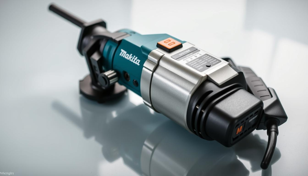 A well-lit, high-quality closeup view of the Makita rotary hammer, showcasing its key technical specifications. The device is positioned on a clean, reflective surface, allowing the sturdy metal casing, control buttons, and power cord to be clearly visible. The image captures the robust, professional-grade construction and attention to detail, highlighting features such as the hammer mechanism, depth gauge, and side handle. The lighting is balanced, creating subtle shadows that accentuate the tool's dimensional aspects. The overall composition conveys a sense of precision, functionality, and the reliable performance that characterizes the Makita brand.