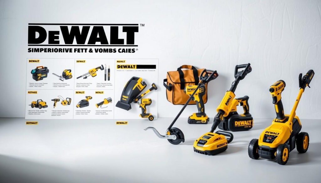 A well-lit, high-quality comparison of DEWALT yard tool combos, captured from a slightly elevated angle to showcase the full range of products. In the foreground, the tools are neatly arranged, their sleek designs and vibrant colors standing out against a clean, seamless background. The middle ground features detailed product information, highlighting the key specifications and features of each combo. The background subtly blends various textures and hues, creating a sense of depth and emphasizing the versatility of the DEWALT lineup. The overall composition conveys a professional, informative, and visually appealing presentation that aligns with the article's subject and section title.