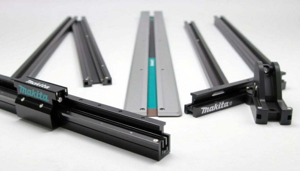 A well-lit, high-quality comparison of Makita track saw guide rails against those from other leading brands. The foreground features the Makita rails in crisp detail, showcasing their sturdy construction, precision-machined edges, and sleek black finish. The middle ground displays the competing guide rails side-by-side, allowing for a direct visual assessment of features, dimensions, and overall quality. The background is a clean, uncluttered studio environment, with subtle shadows and reflections that accentuate the products. The overall scene conveys a professional, technical atmosphere suitable for an in-depth product review.