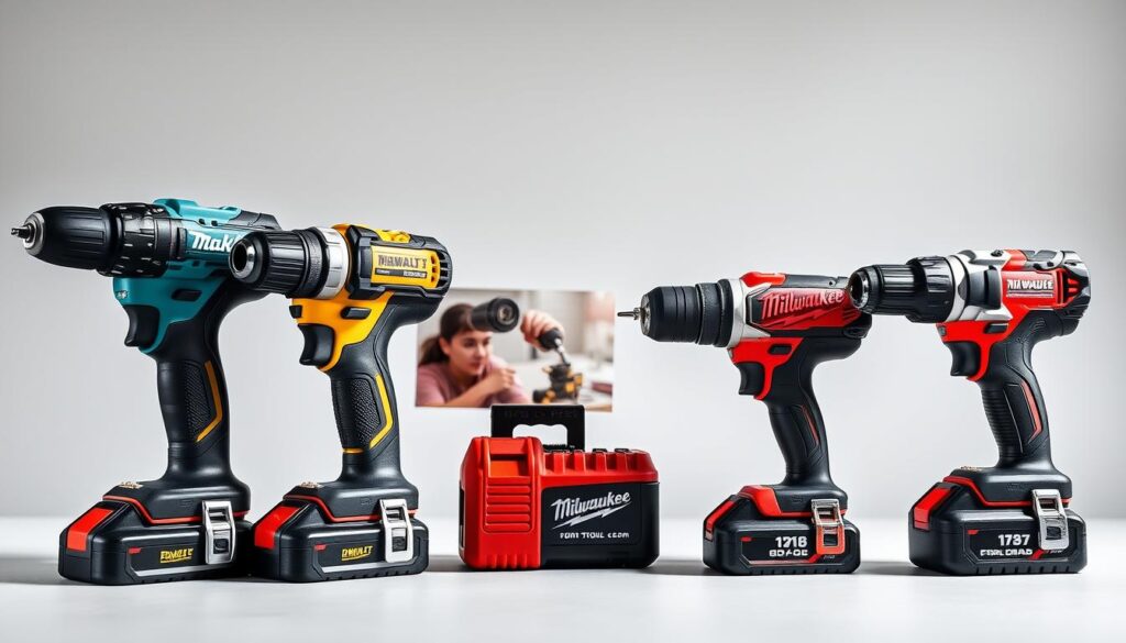 A well-lit, high-quality comparison of cordless power tools from leading brands, showcased on a clean, minimalist background. The foreground features a side-by-side display of a Makita 18V drill, a DeWalt 20V drill, and a Milwaukee M18 drill, each meticulously detailed with their unique designs and features. The middle ground captures the tools in action, demonstrating their power, speed, and versatility. The background maintains a neutral, grey tone, allowing the tools to take center stage. The lighting is natural and directional, casting subtle shadows that accentuate the tools' textures and forms. The overall composition is balanced, professional, and visually engaging, inviting the viewer to closely examine and compare the capabilities of these top-tier cordless power tools.