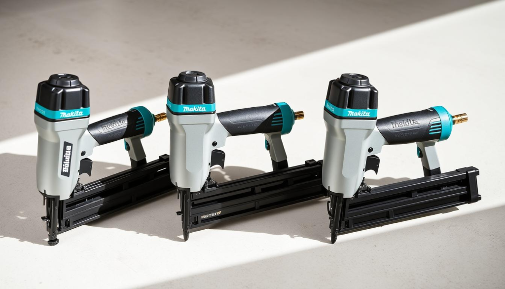A well-lit, high-quality, detailed comparison of three Makita framing nailers, placed on a clean, neutral background. The nailers are positioned side-by-side, with clear views of their design, features, and specifications. The image showcases the distinct characteristics of each model, allowing the viewer to assess the differences and similarities between them. The lighting is soft and natural, emphasizing the textures and materials of the tools. The camera angle is slightly elevated, providing an overview of the scene and ensuring the nailers are the focal point. The mood is professional and informative, inviting the viewer to closely examine the products.
