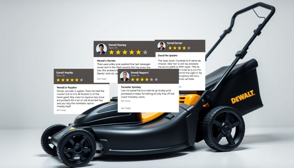 A well-lit, high-quality image of Dewalt lawn mower reviews, showcasing various user testimonials, ratings, and feedback. The foreground features a Dewalt lawn mower model, captured at an angle that highlights its sleek design and robust construction. The middle ground displays several digital review cards, each displaying a star rating, a concise review text, and a user profile picture. The background provides a clean, minimalist setting, with subtle textures and soft lighting to create a professional, trustworthy atmosphere. The overall composition conveys a sense of authority and reliability, reflecting the "User Reviews and Feedback" section of the article.