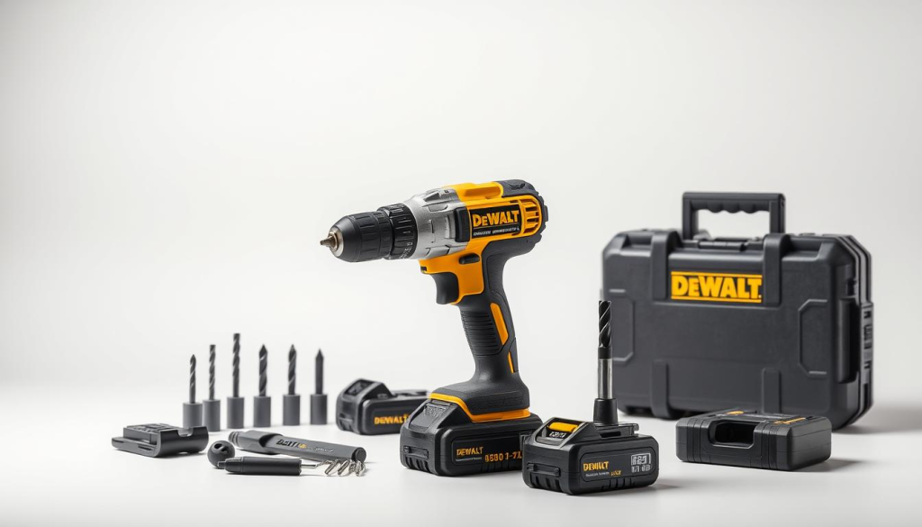 A well-lit, high-quality image of a DEWALT drill kit on a clean, neutral background. The kit includes a powerful DEWALT 870 drill, several drill bits, a battery pack, and a carrying case. The drill is positioned prominently in the center, showcasing its sleek, modern design and sturdy construction. The lighting is soft and diffused, creating a professional, studio-like atmosphere. The camera angle is slightly elevated, providing a clear view of the kit's features and components. The overall mood is one of confidence, reliability, and attention to detail, reflecting the DEWALT brand's reputation for quality and performance.