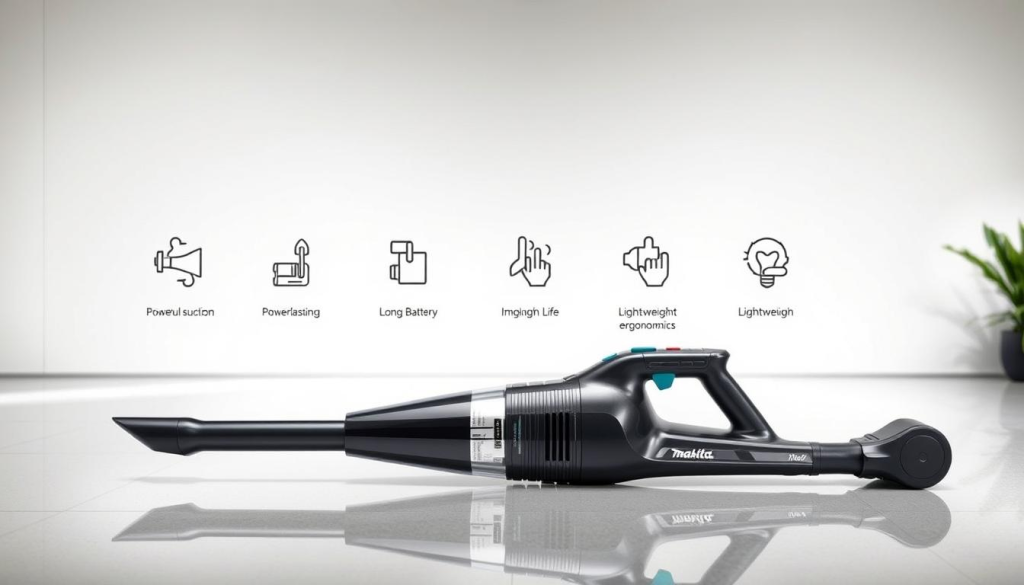 A well-lit, high-quality image of a Makita cordless vacuum cleaner, showcasing its key features. The vacuum is depicted in the foreground, displayed on a sleek, reflective surface that creates a sense of depth and highlights the product's design. In the middle ground, a series of icons or illustrations depict the vacuum's technical specifications, such as its powerful suction, long-lasting battery life, and lightweight, ergonomic design. The background is a clean, minimalist environment, allowing the product to take center stage and emphasize its modern, high-performance capabilities.