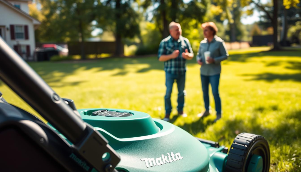 A well-lit, high-quality image of a group of people reviewing and discussing a Makita cordless electric lawn mower. The foreground features a close-up of the mower's controls, battery, and distinctive green and black design. In the middle ground, three people in casual attire are gathered around the mower, gesturing and conversing animatedly. The background shows a lush, verdant lawn, with sunlight filtering through the trees, creating a warm, inviting atmosphere. The overall scene conveys a sense of satisfaction and approval from the mower's users, reflecting the positive customer reviews and testimonials for this product.