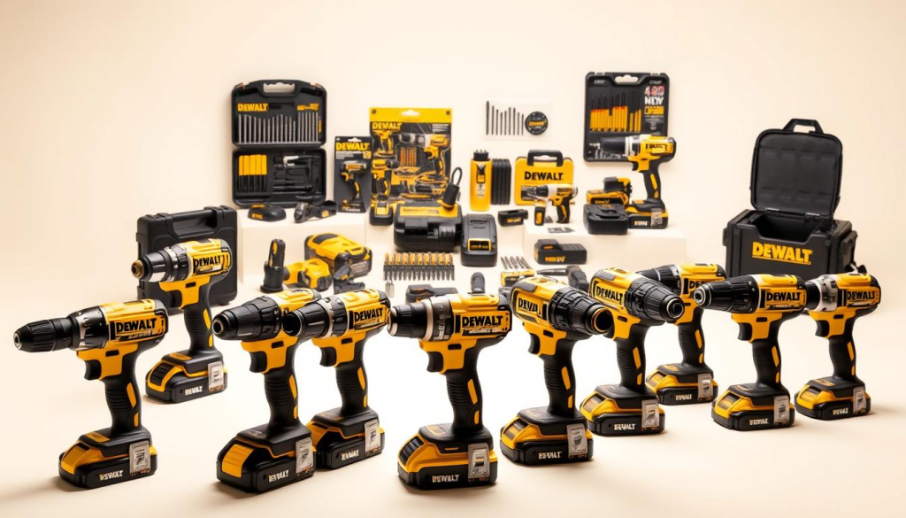 A well-lit, high-quality image of an assortment of DEWALT power drill deals, showcased on a clean, minimalist background. In the foreground, several DEWALT cordless drills of various models are displayed, their sleek black and yellow designs accentuated by soft, directional lighting. The middle ground features a selection of drill bit sets, battery packs, and other DEWALT accessories, artfully arranged to highlight the breadth of the product offering. The background is a simple, neutral color that allows the DEWALT tools to take center stage. The overall composition conveys a sense of professionalism, quality, and the special promotional pricing available for this trusted power tool brand.