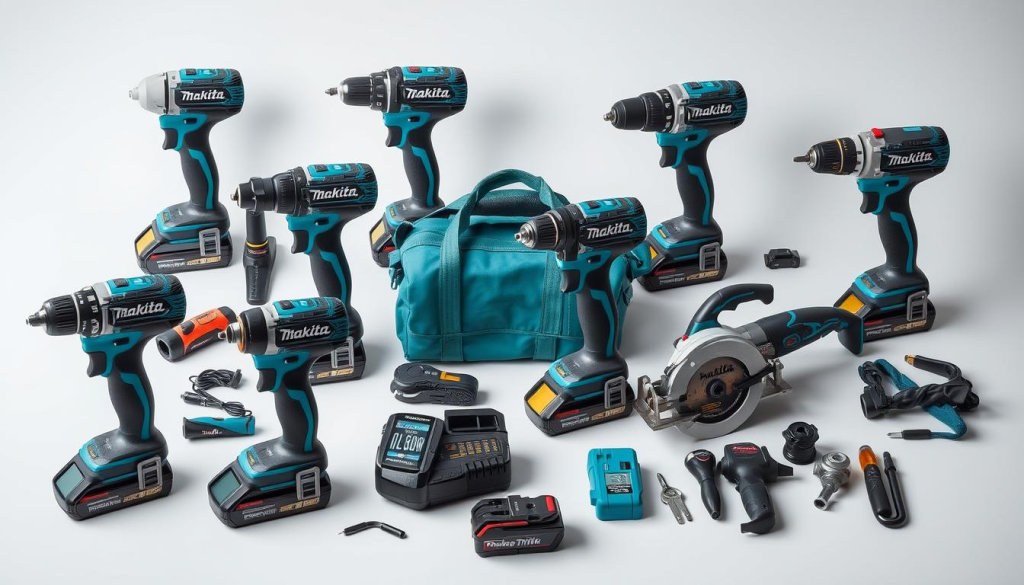 A well-lit, high-quality image of an assortment of Makita 12V power tools and accessories arranged in a clean, organized manner on a neutral background. The tools should be shown in detail, highlighting their compact, ergonomic design and premium construction. Include a selection of common Makita 12V products such as an impact driver, drill, circular saw, and multi-tool, showcasing their versatility. The image should convey the power and performance of the Makita 12V lineup in a visually appealing and informative way.