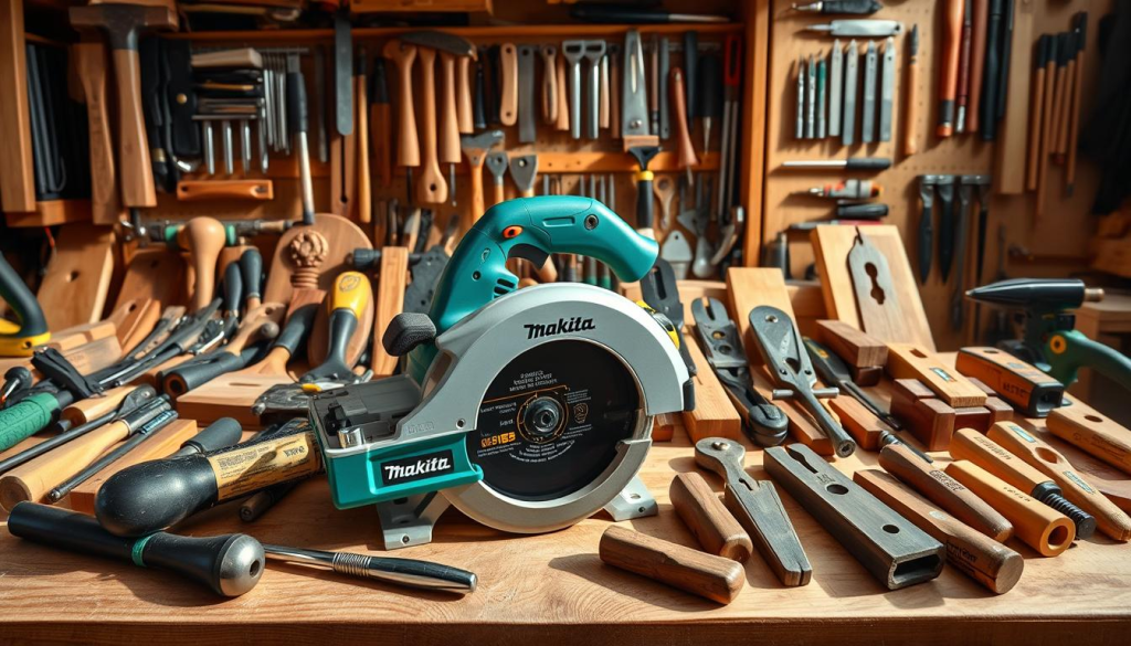 A well-lit, high-quality image of an assortment of professional woodworking tools arranged on a wooden workbench. In the foreground, a Makita Quickie Saw, its compact design and sturdy construction prominently featured. Surrounding it, a variety of essential tools including chisels, hammers, clamps, and sanding blocks. In the middle ground, a collection of hand-planes, router bits, and specialized cutting tools. The background showcases a neatly organized tool cabinet, hinting at the versatility and range of equipment needed for diverse woodworking projects. Warm, natural lighting casts subtle shadows, emphasizing the textures and materials of the tools. The overall scene conveys a sense of craftsmanship, functionality, and the intricate details required for versatile woodworking applications.