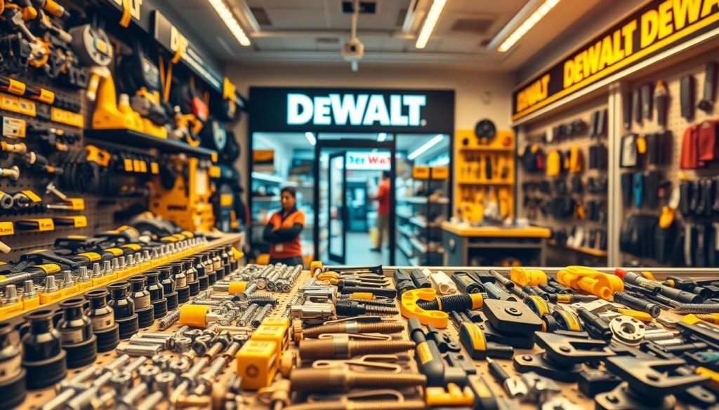 A well-lit, high-quality image of the Dewalt Z260 power tool parts store. The foreground features a display of various Dewalt Z260 replacement parts, including screws, gears, switches, and other components, arranged neatly on shelves. The middle ground shows the store interior, with a clean and organized layout, highlighting the wide selection of Dewalt parts available. The background showcases the store's branding, signage, and an inviting storefront, suggesting a professional and reliable parts supplier. The lighting is warm and natural, creating a welcoming atmosphere. The composition emphasizes the comprehensive selection of Dewalt Z260 parts, making it an ideal resource for finding the specific replacement components needed.