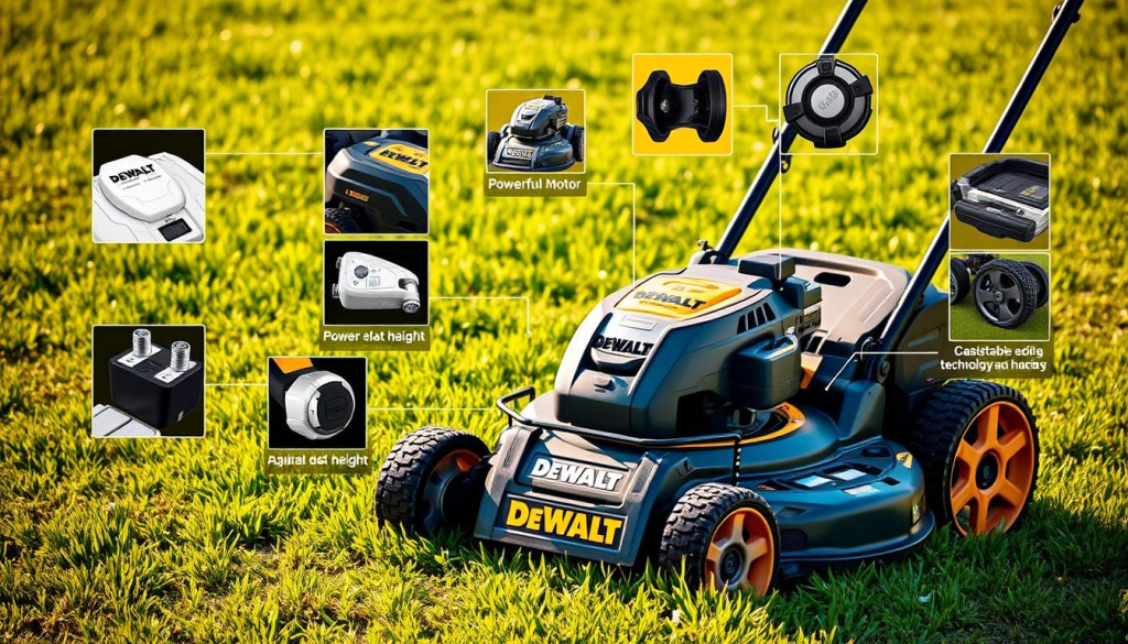 A well-lit, high-quality image of the key features of a DEWALT lawn mower. The mower is positioned in the foreground, with a crisp, detailed view of its distinctive black and yellow design, robust construction, and cutting-edge technology. In the middle ground, various features are highlighted, such as the powerful motor, adjustable deck height, and large wheels for easy maneuverability. The background is a lush, verdant lawn, creating a natural, outdoor setting that showcases the mower's capabilities. The lighting is warm and natural, emphasizing the quality and performance of the DEWALT brand. The overall composition is clean, balanced, and visually appealing, capturing the essence of the mower's key features.