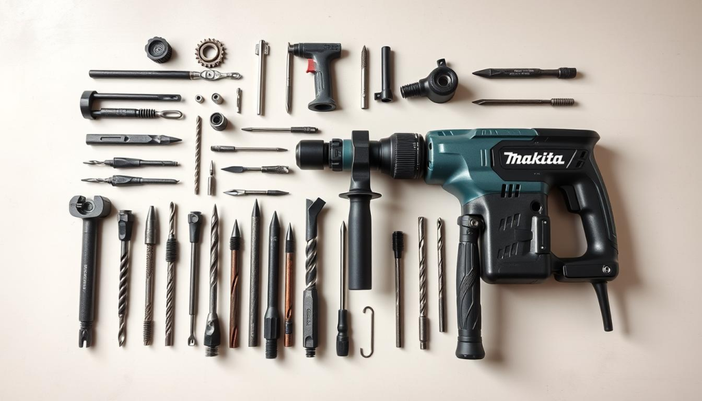 A well-lit, high-quality image showcasing an assortment of Makita breaker hammer accessories, including a range of drill bits, chisels, and other attachments, neatly arranged on a clean, neutral background. The accessories should be depicted with a level of detail that captures their robust construction and professional-grade quality, conveying the sense of a powerful, versatile demolition tool. The overall mood should be one of utility and practicality, inviting the viewer to imagine the capabilities of the Makita jackhammer when paired with these complementary accessories.