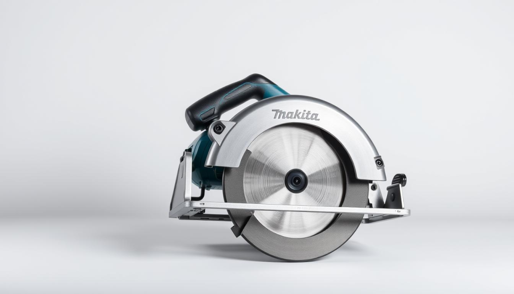 A well-lit, high-quality photograph of a 40V Makita circular saw, showcased against a clean, minimalist background. The saw is positioned in the center, with a slight angle to highlight its sleek, modern design. The lighting accentuates the tool's smooth metal surfaces, sharp edges, and robust construction, conveying a sense of power and precision. The background is a neutral gray or white, allowing the circular saw to be the focal point and the subject of the image. The composition is balanced, with the saw taking up a significant portion of the frame, but leaving enough negative space to create a sense of focus and emphasis.