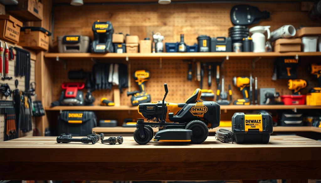 A well-lit, high-quality photograph of a DEWALT Z260 power tool set displayed prominently on a wooden workbench in a professional workshop setting. The power tool set is positioned in the center of the frame, showcasing its sleek and durable design. The background features neatly organized shelves stocked with various DEWALT tools and accessories, conveying a sense of high-quality craftsmanship and reliability. The lighting is warm and natural, casting subtle shadows that accentuate the tool's features. The overall composition is visually appealing and draws the viewer's attention to the DEWALT Z260, highlighting its prominence as a reliable workhorse in the professional workspace.