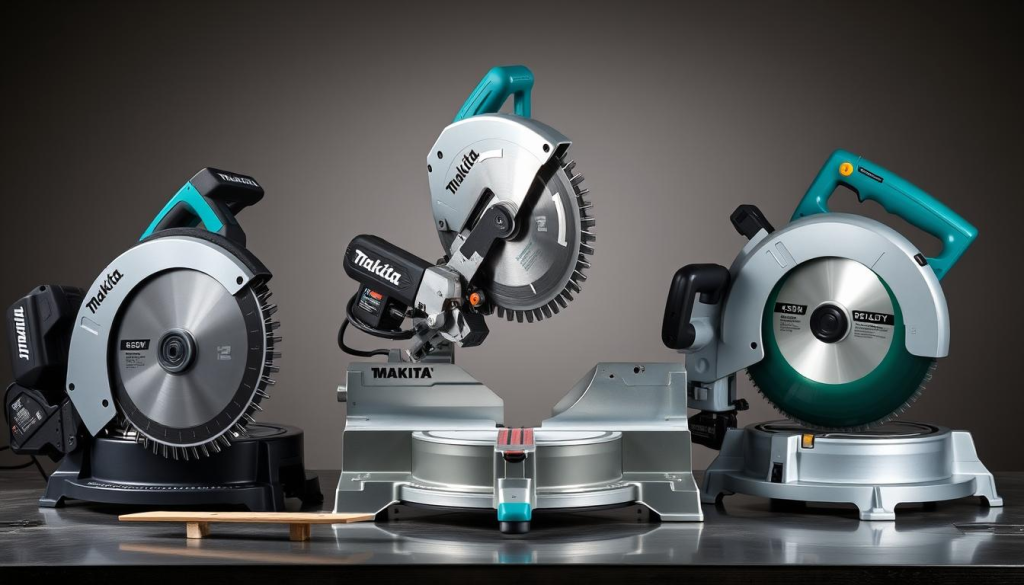 A well-lit, high-quality photograph of a Makita 12-inch Miter Saw placed side-by-side with two other leading 12-inch miter saws from competing brands. The Makita saw should be positioned prominently in the center, showcasing its precise laser guide, large bevel capacity, and sturdy aluminum construction. The other saws should be arranged to the left and right, allowing for easy visual comparison of key features and performance capabilities. The scene should be captured from a slightly elevated angle, creating a professional, technical atmosphere that highlights the saws' mechanical details. The image should convey a sense of precision, power, and engineering excellence to support the article's focus on the Makita saw's cutting performance.