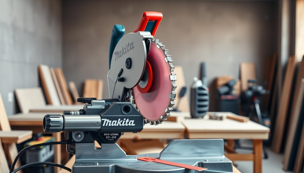 A well-lit, high-quality photograph of a Makita 12-inch sliding miter saw in a workshop setting. The saw is positioned prominently in the foreground, its brushed metal housing and bright red blade guard gleaming under soft, diffused lighting. The middle ground shows a clean, organized workspace with various woodworking tools and materials, conveying a sense of precision and attention to detail. The background features blurred, neutral-toned walls, creating a simple, uncluttered composition that focuses the viewer's attention on the powerful miter saw. The overall mood is one of professional-grade craftsmanship and reliable performance.