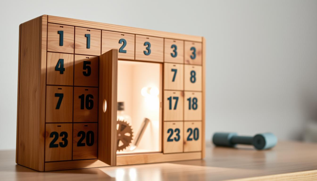 A well-lit, high-quality photograph of a Makita Advent Calendar opened to reveal a daily surprise item. The calendar is made of sturdy, natural-looking wood with a sleek, modern design. Each numbered door has a subtle, metallic finish. In the foreground, the opened door reveals a Makita power tool accessory, such as a drill bit or saw blade, illuminated by soft, diffused lighting. The middle ground showcases the other closed doors, subtly hinting at the additional surprises within. The background has a minimal, clean setting, allowing the calendar to be the focal point. The overall scene conveys a sense of anticipation, quality craftsmanship, and the excitement of discovering Makita's daily DIY gifts.