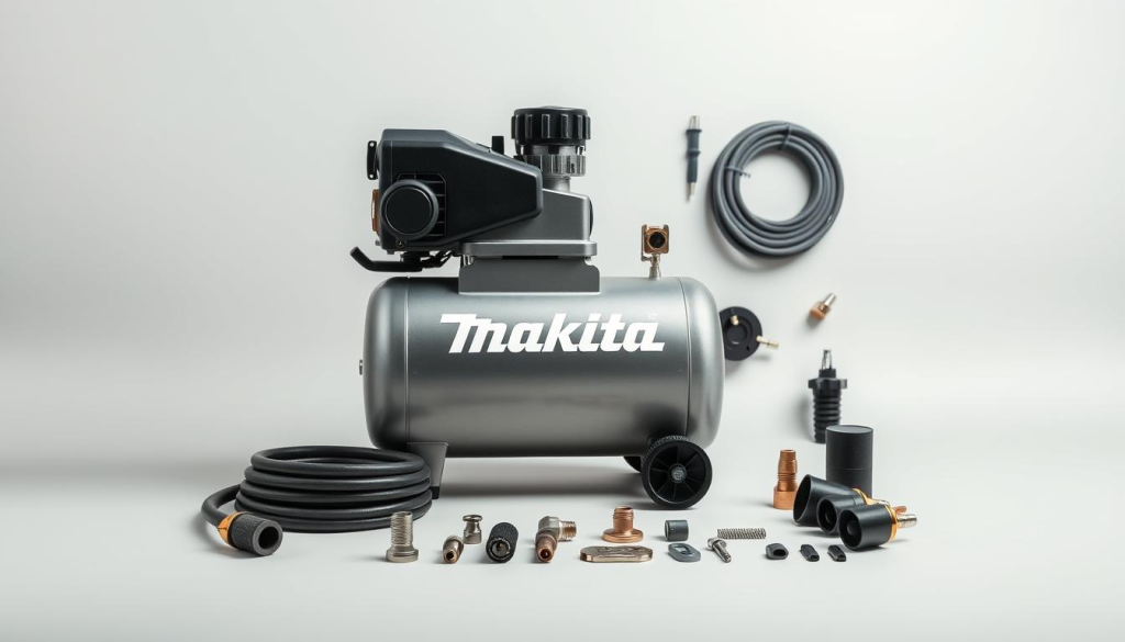 A well-lit, high-quality photograph of a Makita air compressor set against a clean, professional backdrop. The compressor is positioned in the foreground, showcasing its sleek, metallic design and prominent Makita branding. The middle ground features various air compressor accessories, such as hoses, fittings, and attachments, neatly arranged to highlight their compatibility and versatility. The background is a softly blurred, neutral-toned studio setting, emphasizing the product's centrality and allowing the viewer to focus on its key features. The overall composition and lighting create a sense of quality, reliability, and attention to detail, reflecting the Makita brand's reputation for excellence.