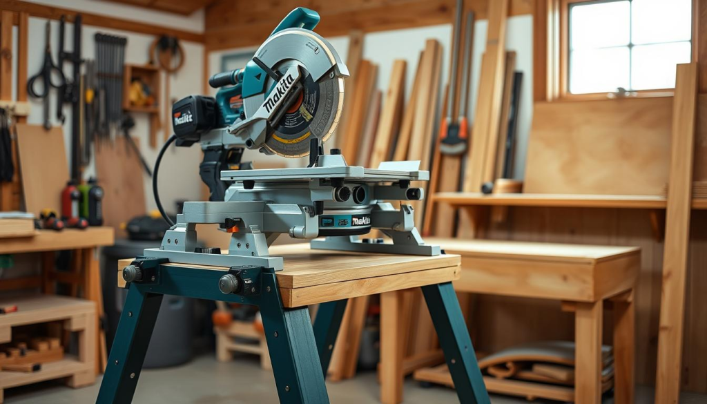 A well-lit, high-quality photograph of a Makita miter saw stand in a woodworking workshop. The stand is situated on a sturdy workbench, with a Makita miter saw securely mounted on top. The stand's features, such as its adjustable miter and bevel angles, telescoping extensions, and integrated clamps, are clearly visible. The workshop's background includes various woodworking tools, lumber, and a window providing natural lighting. The overall atmosphere conveys a sense of practical, professional-grade equipment used by an experienced woodworker, reflecting the high-quality customer reviews and feedback for this product.