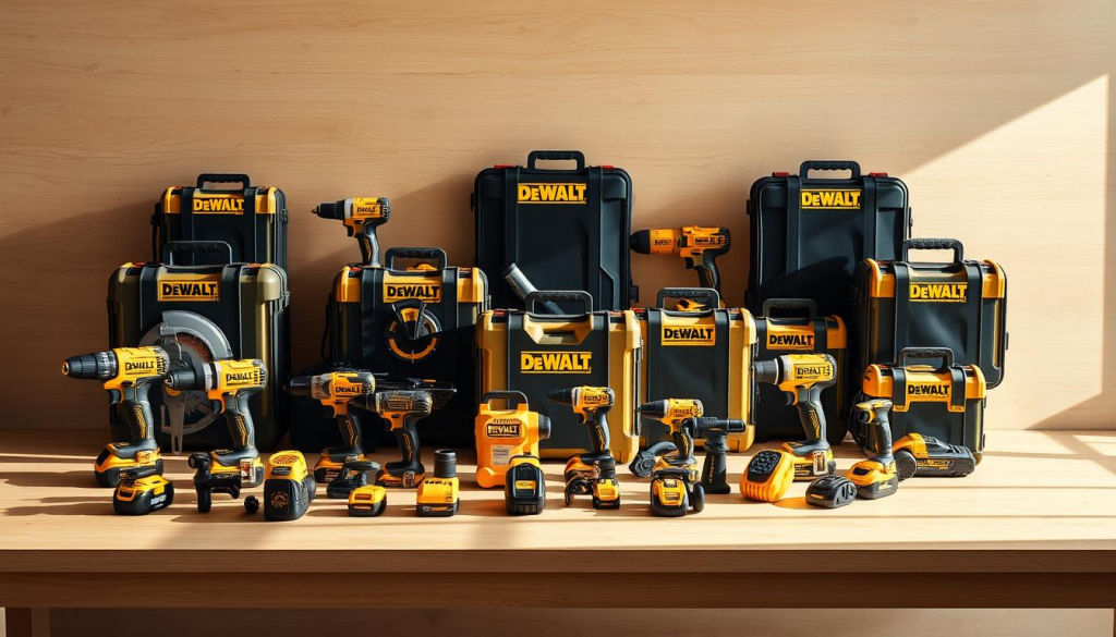 A well-lit, high-quality photograph of a collection of DEWALT power tool kits arranged artfully on a clean, minimalist wooden surface. The kits feature a range of tools including drills, saws, sanders, and more, all in the signature DEWALT yellow and black color scheme. The kits are displayed in an appealing, organized manner, capturing the attention of the viewer and conveying a sense of quality and professionalism. The lighting is soft and natural, creating a warm, inviting atmosphere. The image is shot from a slightly elevated angle, providing a clear, unobstructed view of the products.