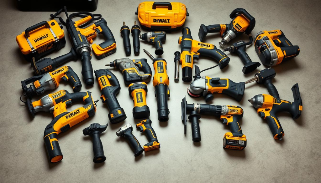 A well-lit, high-quality photograph of a diverse collection of DeWalt professional power tools arranged on a clean, neutral-colored surface. The tools should be shown in a detailed, close-up view, highlighting their robust construction, ergonomic designs, and the DeWalt brand logo. The lighting should create a sense of depth and emphasize the textures and materials of the tools. The overall composition should convey a sense of professionalism, reliability, and the essential role DeWalt tools play in the lives of skilled tradespeople.