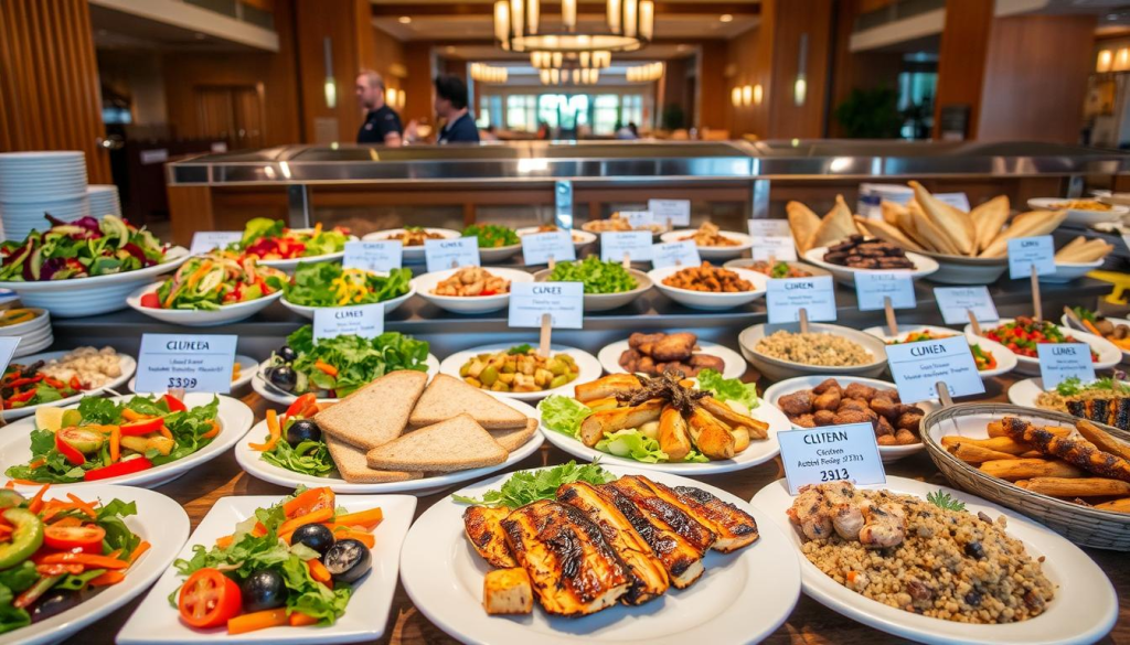 A well-lit, high-quality photograph of a diverse selection of gluten-free options at the Mikata Buffet. The foreground features an assortment of fresh, vibrant salads, grilled vegetables, and gluten-free breads arranged artfully on white plates. The middle ground showcases a variety of protein-rich dishes like grilled fish, roasted tofu, and quinoa bowls, all clearly labeled as gluten-free. The background depicts the buffet's warm, inviting atmosphere, with wooden accents, soft lighting, and a hint of the larger dining room. The image conveys a sense of abundance, health, and culinary inclusivity, catering to the special dietary needs of the Mikata Buffet's customers.