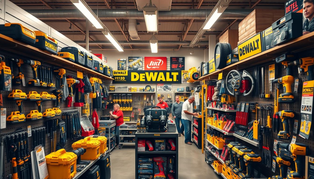 A well-lit, high-quality photograph of a local hardware store interior, featuring a prominent DEWALT tools display at the center. The store's shelves are stocked with a wide array of DEWALT power tools, hand tools, and accessories, neatly organized and presented. The lighting is warm and inviting, casting a soft glow over the scene. The camera is positioned at a slightly elevated angle, capturing the full depth and breadth of the DEWALT display, with the store's customers browsing and interacting with the products in the background. The overall atmosphere conveys a sense of professionalism, reliability, and the trusted presence of the DEWALT brand within a local community hardware store.