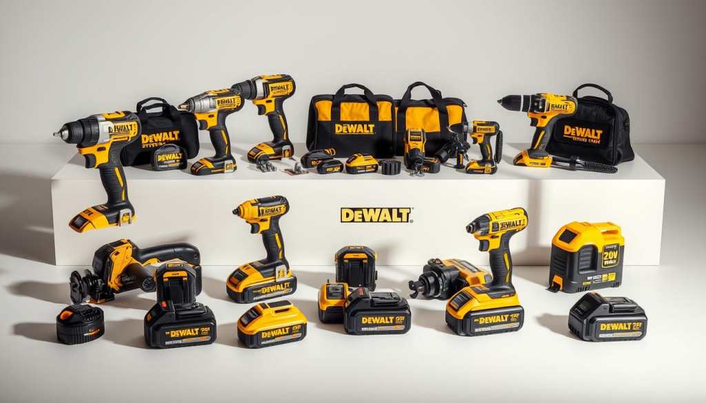 A well-lit, high-quality photograph of a selection of popular DEWALT 20V MAX cordless power tools arranged on a clean, neutral surface. The tools should be displayed prominently in the foreground, showcasing their sleek, modern design and professional-grade construction. The middle ground should feature additional DEWALT 20V accessories and attachments, creating a cohesive and comprehensive product lineup. The background should have a minimalist, studio-style setting, with subtle shadows and highlights to enhance the tools' materiality and textures. The overall composition should convey a sense of quality, versatility, and the powerful capabilities of the DEWALT 20V system.